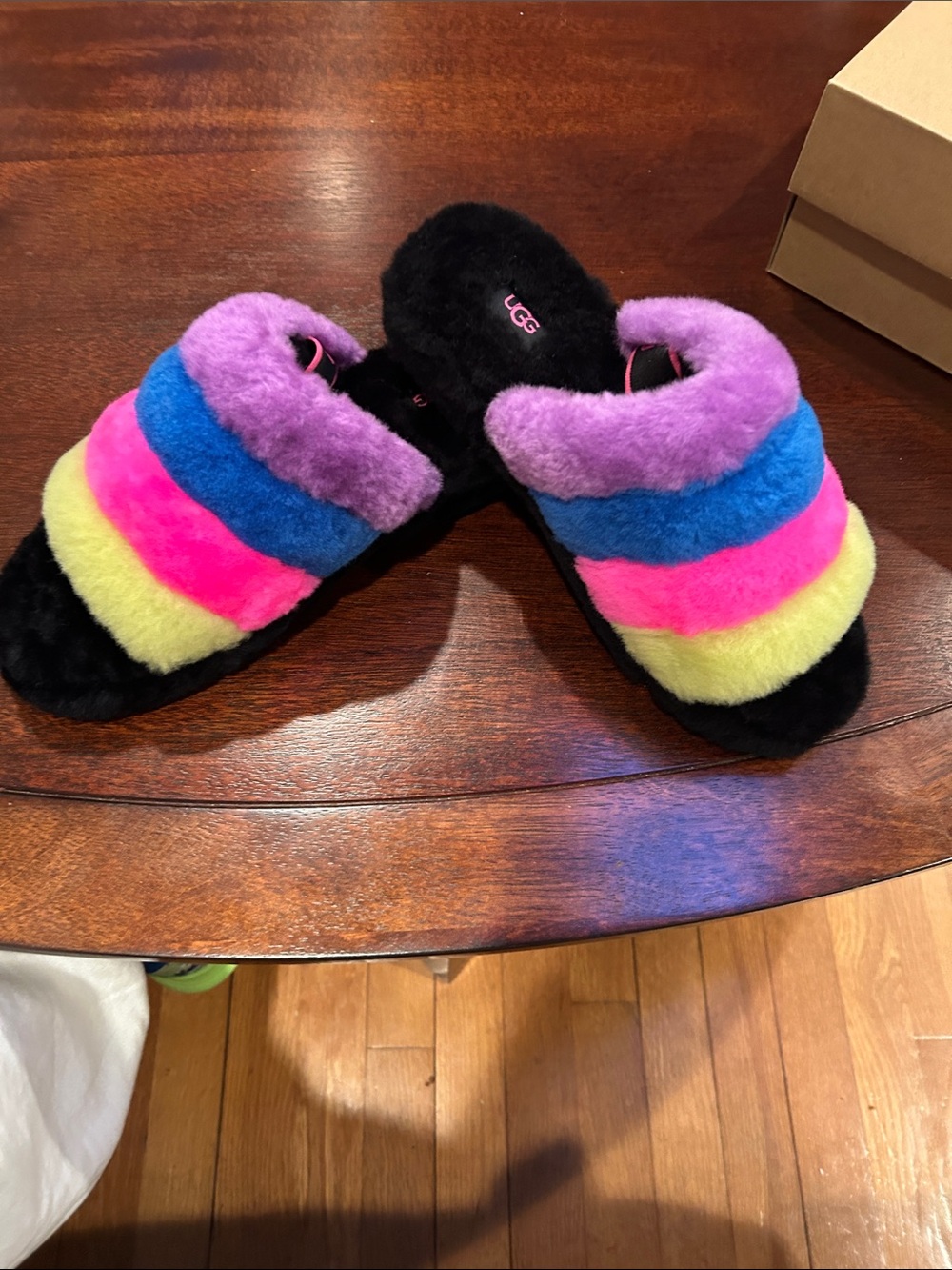 UGG Rainbow Shearling Slide Slippers - Black with Multicolor Stripes